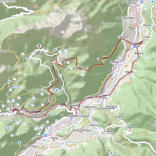 Map miniature of "Gravel Bliss in Breno" cycling inspiration in Lombardia, Italy. Generated by Tarmacs.app cycling route planner