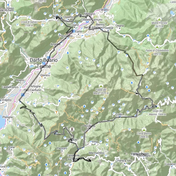 Kartminiatyr av "Vägcykling runt Monte Crestole" cykelinspiration i Lombardia, Italy. Genererad av Tarmacs.app cykelruttplanerare