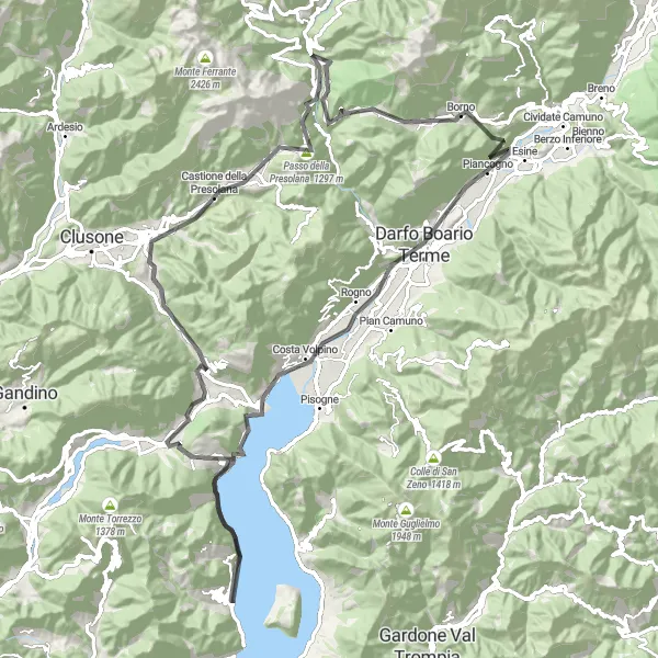 Miniatura della mappa di ispirazione al ciclismo "Giro del Lago d'Iseo" nella regione di Lombardia, Italy. Generata da Tarmacs.app, pianificatore di rotte ciclistiche