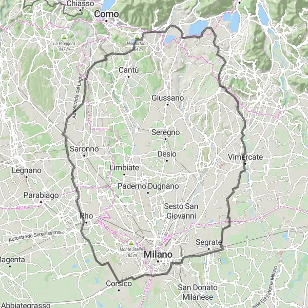 Map miniature of "The Lakes and Hills of Bosisio Parini" cycling inspiration in Lombardia, Italy. Generated by Tarmacs.app cycling route planner