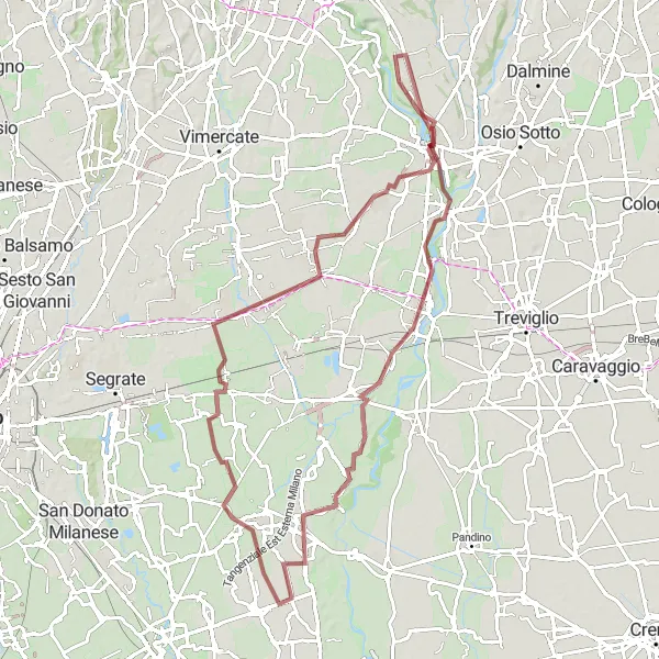 Miniatura della mappa di ispirazione al ciclismo "Gravel Trail attraverso l'Adda" nella regione di Lombardia, Italy. Generata da Tarmacs.app, pianificatore di rotte ciclistiche
