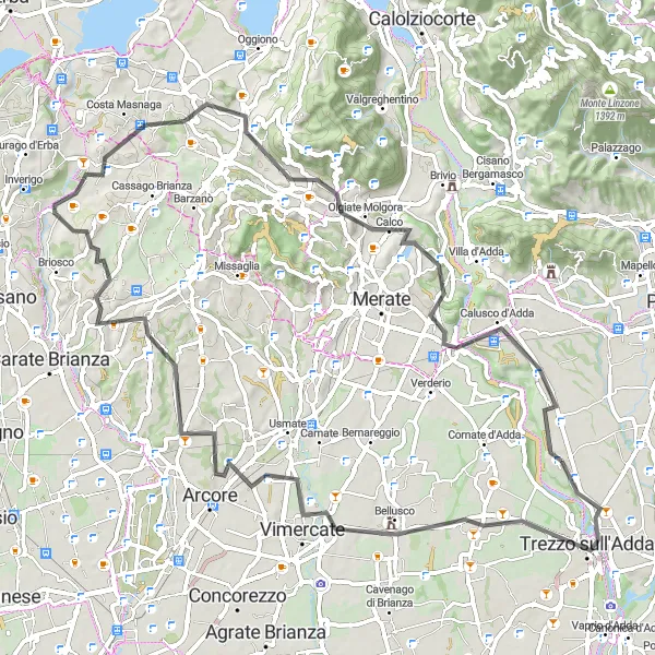 Karten-Miniaturansicht der Radinspiration "Bottanuco - Calco - Vimercate - Bottanuco" in Lombardia, Italy. Erstellt vom Tarmacs.app-Routenplaner für Radtouren