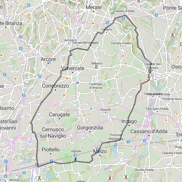 Miniatua del mapa de inspiración ciclista "Ruta de ciclismo de 75 km en carretera desde Bottanuco" en Lombardia, Italy. Generado por Tarmacs.app planificador de rutas ciclistas
