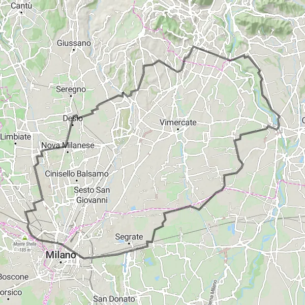 Mapa miniatúra "Cyklotrasa okolo Bottanuco pre cestné bicykle" cyklistická inšpirácia v Lombardia, Italy. Vygenerované cyklistickým plánovačom trás Tarmacs.app