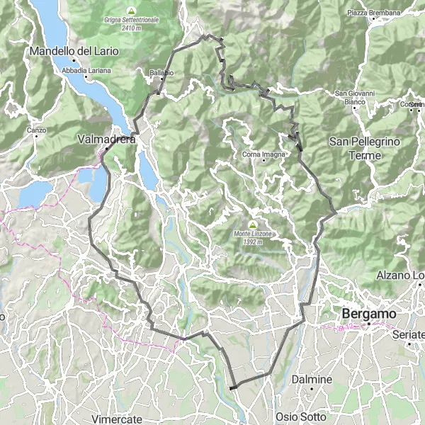 Mapa miniatúra "Panoráma okolo Bottanuco" cyklistická inšpirácia v Lombardia, Italy. Vygenerované cyklistickým plánovačom trás Tarmacs.app