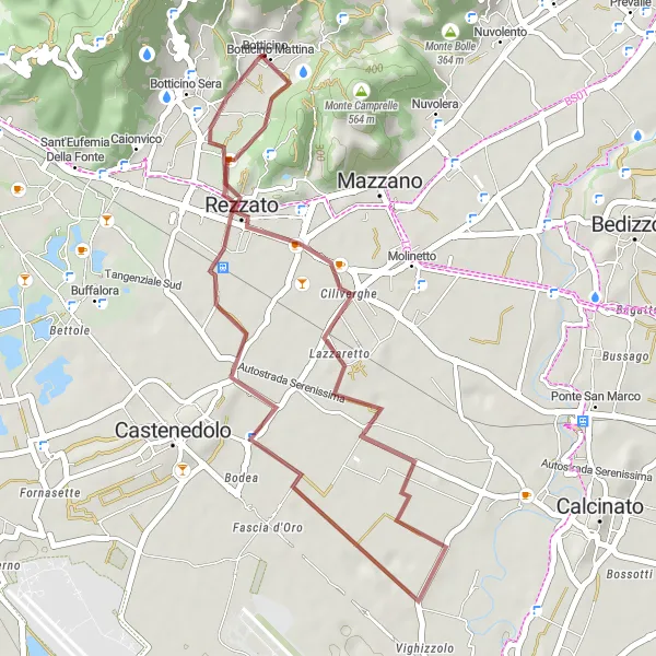 Mapa miniatúra "Gravel Adventure to Monte Fieno" cyklistická inšpirácia v Lombardia, Italy. Vygenerované cyklistickým plánovačom trás Tarmacs.app