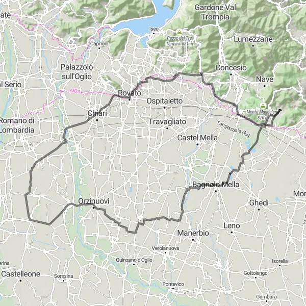 Map miniature of "Scenic Route from Botticino to Rodengo Saiano" cycling inspiration in Lombardia, Italy. Generated by Tarmacs.app cycling route planner