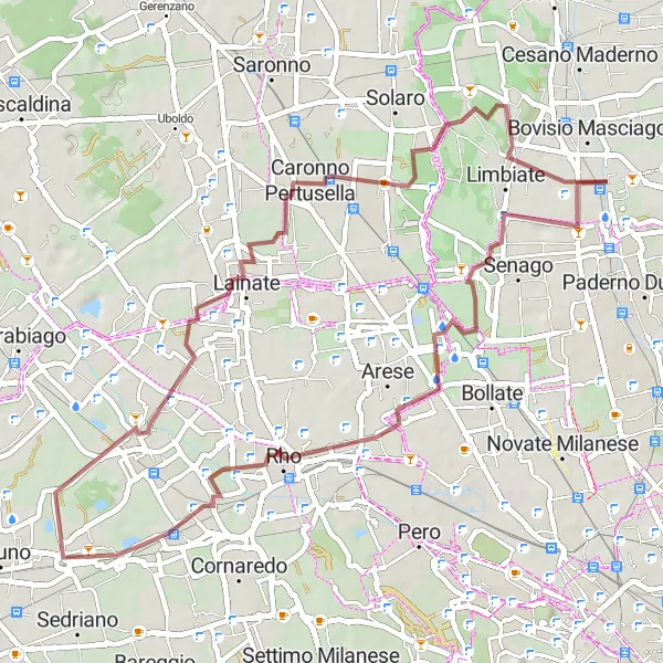 Map miniature of "Rho - Poglianasca - Caronno Pertusella - Mombello Gravel Loop" cycling inspiration in Lombardia, Italy. Generated by Tarmacs.app cycling route planner