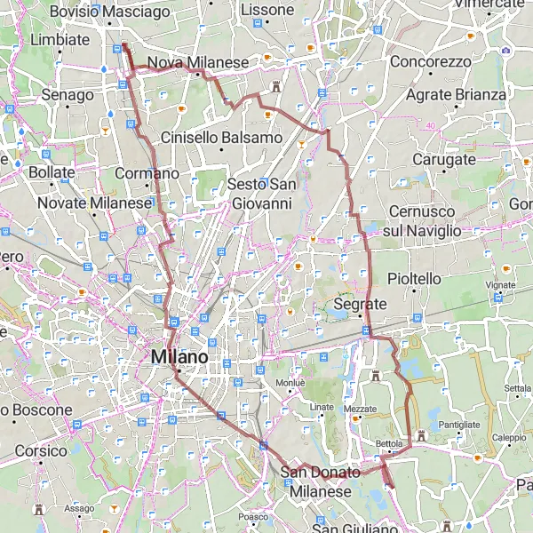 Mapa miniatúra "Gravel okolo Bovisio-Masciago" cyklistická inšpirácia v Lombardia, Italy. Vygenerované cyklistickým plánovačom trás Tarmacs.app