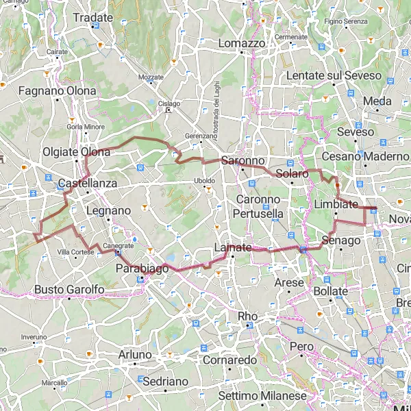 Map miniature of "Varedo - Garbagnate Milanese - Parabiago - Marnate - Mombello Gravel Loop" cycling inspiration in Lombardia, Italy. Generated by Tarmacs.app cycling route planner