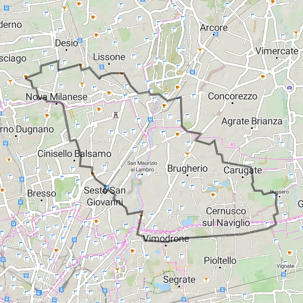 Mapa miniatúra "Okruh cez Cederna, Cassina de' Pecchi, Balsamo a Nova Milanese" cyklistická inšpirácia v Lombardia, Italy. Vygenerované cyklistickým plánovačom trás Tarmacs.app