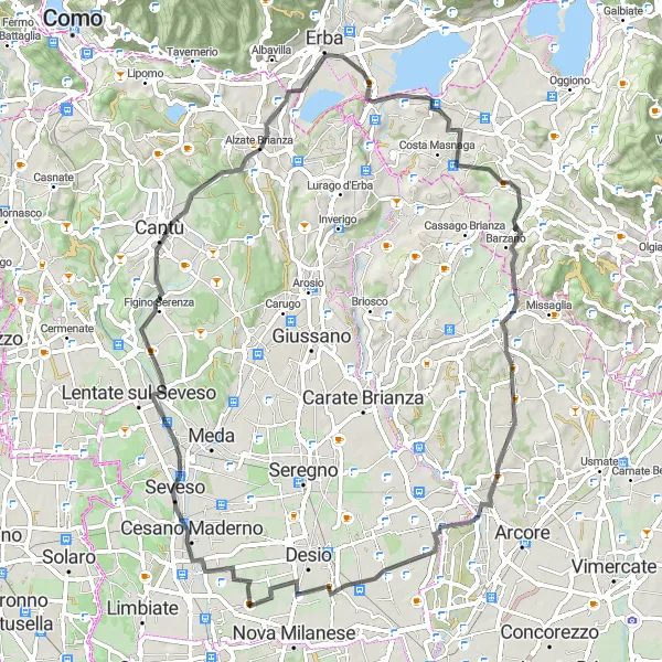 Map miniature of "Seveso - Carcano - Casletto - Casatenovo - Lissone Loop" cycling inspiration in Lombardia, Italy. Generated by Tarmacs.app cycling route planner