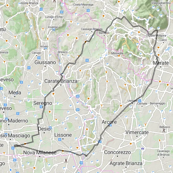 Map miniature of "Agliate - Olgiate Molgora - Cernusco Lombardone - San Biagio - Nova Milanese Loop" cycling inspiration in Lombardia, Italy. Generated by Tarmacs.app cycling route planner