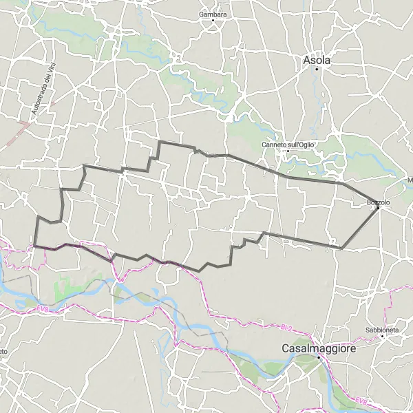 Kartminiatyr av "Panorama rundt Bozzolo" sykkelinspirasjon i Lombardia, Italy. Generert av Tarmacs.app sykkelrutoplanlegger