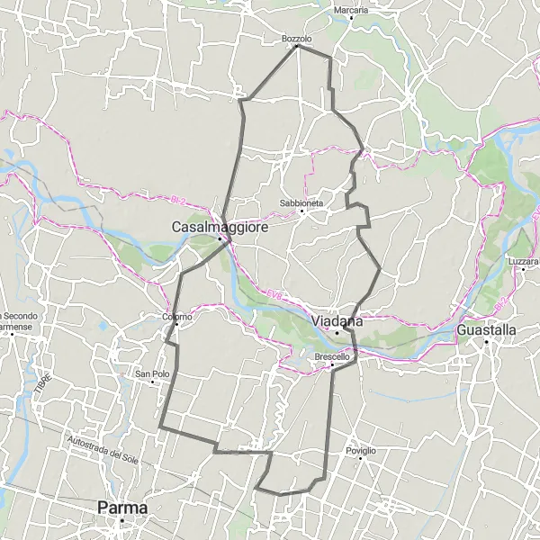 Map miniature of "The Road Adventure: Commessaggio to Bozzolo" cycling inspiration in Lombardia, Italy. Generated by Tarmacs.app cycling route planner