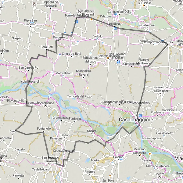 Kartminiatyr av "Casalmaggiore til Calvatone" sykkelinspirasjon i Lombardia, Italy. Generert av Tarmacs.app sykkelrutoplanlegger