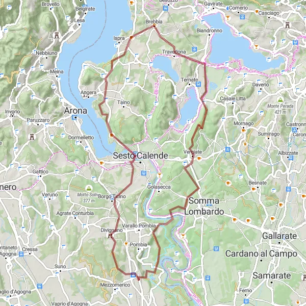 Karten-Miniaturansicht der Radinspiration "Rundfahrt um Brebbia - Monte San Giacomo - Monte Belvedere" in Lombardia, Italy. Erstellt vom Tarmacs.app-Routenplaner für Radtouren