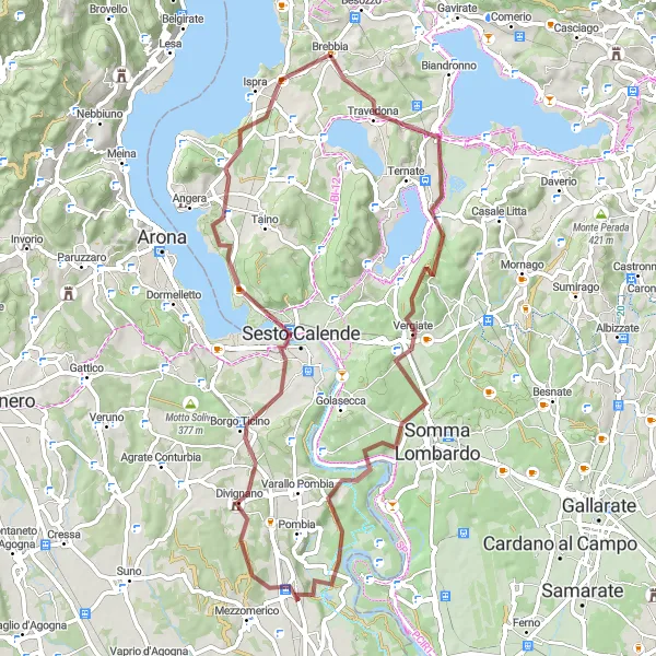 Miniaturní mapa "Gravelový okruh kolem Marano Ticino" inspirace pro cyklisty v oblasti Lombardia, Italy. Vytvořeno pomocí plánovače tras Tarmacs.app