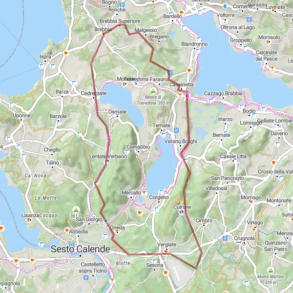 Map miniature of "Malgesso and Monte San Giacomo Gravel Route" cycling inspiration in Lombardia, Italy. Generated by Tarmacs.app cycling route planner