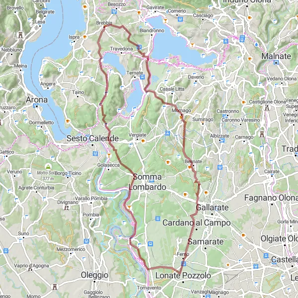 Zemljevid v pomanjšavi "Ciklična pot okoli Brebbie (Lombardija, Italija) - makadam" kolesarske inspiracije v Lombardia, Italy. Generirano z načrtovalcem kolesarskih poti Tarmacs.app