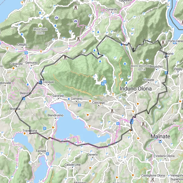 Miniatuurkaart van de fietsinspiratie "Avontuurlijke tocht via Monte della Rocca en Monte di Travedona" in Lombardia, Italy. Gemaakt door de Tarmacs.app fietsrouteplanner