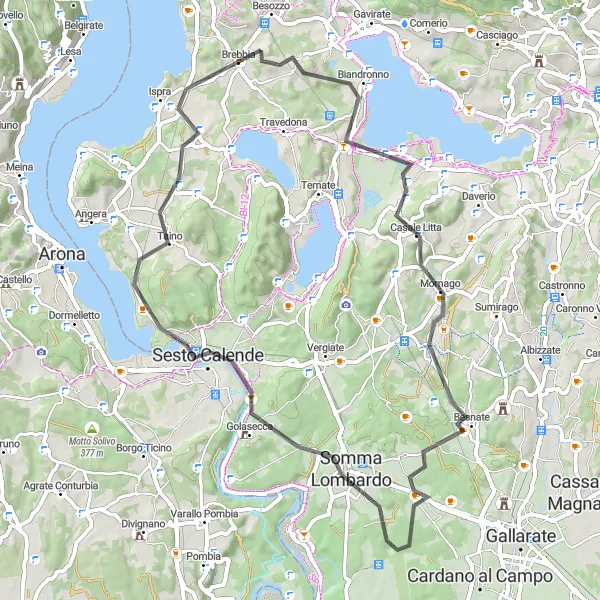 Map miniature of "Brebbia to Biandronno Loop" cycling inspiration in Lombardia, Italy. Generated by Tarmacs.app cycling route planner