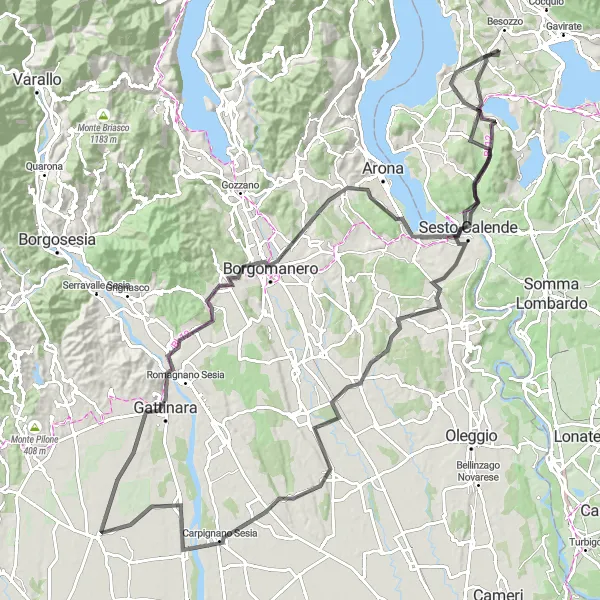 Kartminiatyr av "Brebbia til Ispra Road Cycling Route" sykkelinspirasjon i Lombardia, Italy. Generert av Tarmacs.app sykkelrutoplanlegger