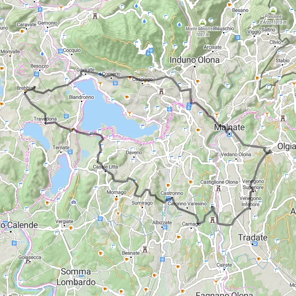 Map miniature of "Brebbia to Gavirate Loop" cycling inspiration in Lombardia, Italy. Generated by Tarmacs.app cycling route planner