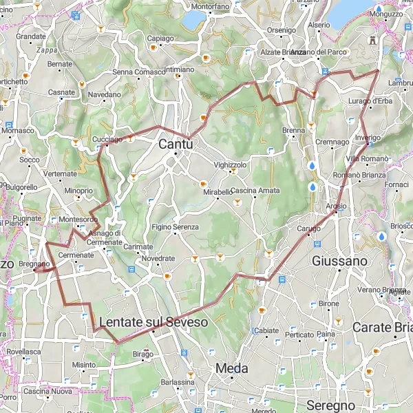 Zemljevid v pomanjšavi "Udobna gravel kolesarska pot okoli Bregnana" kolesarske inspiracije v Lombardia, Italy. Generirano z načrtovalcem kolesarskih poti Tarmacs.app