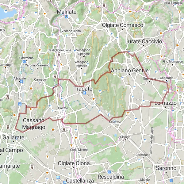 Miniatua del mapa de inspiración ciclista "Ruta de Grava a través de Bregnano" en Lombardia, Italy. Generado por Tarmacs.app planificador de rutas ciclistas