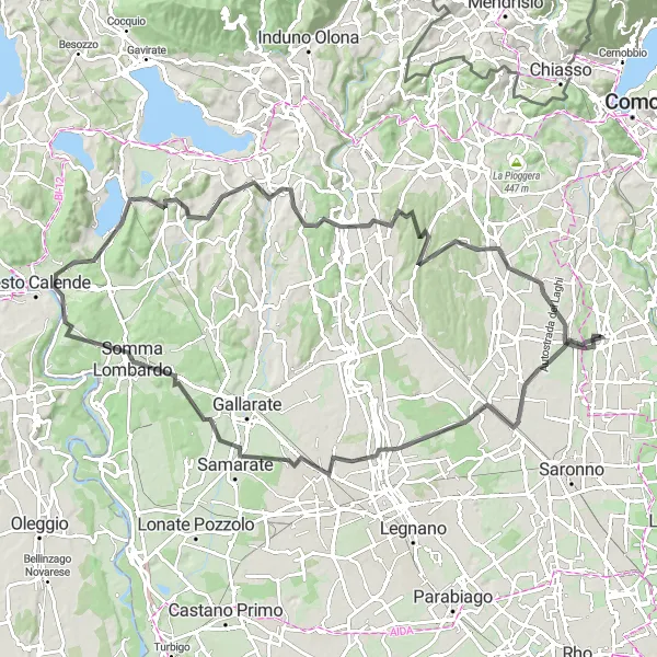 Miniatura della mappa di ispirazione al ciclismo "Sfida in bicicletta da Bregnano a Menegardo e ritorno" nella regione di Lombardia, Italy. Generata da Tarmacs.app, pianificatore di rotte ciclistiche