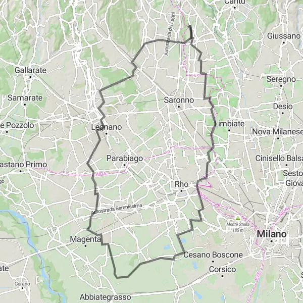 Mapa miniatúra "Cyklistický výlet po okolí Milána" cyklistická inšpirácia v Lombardia, Italy. Vygenerované cyklistickým plánovačom trás Tarmacs.app