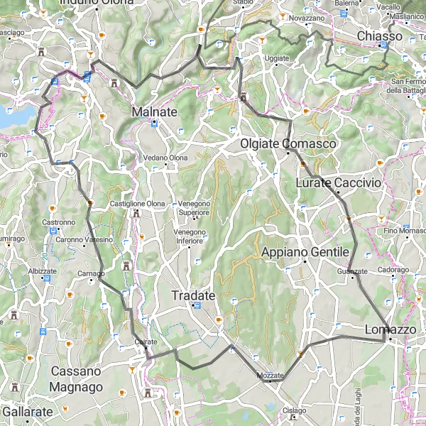Kartminiatyr av "Landevei sykkeltur nær Bregnano" sykkelinspirasjon i Lombardia, Italy. Generert av Tarmacs.app sykkelrutoplanlegger
