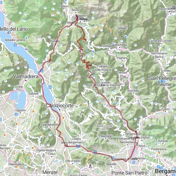 Kartminiatyr av "Grusvägar runt Brembate di Sopra" cykelinspiration i Lombardia, Italy. Genererad av Tarmacs.app cykelruttplanerare