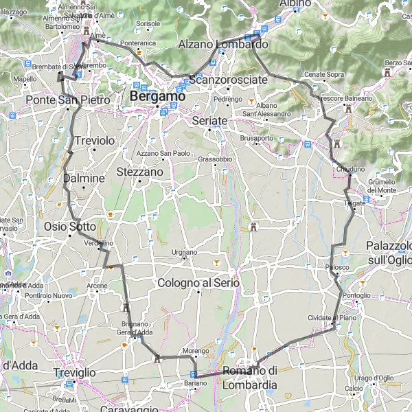 Miniaturní mapa "Kulturní okruh kolem Chiuduno" inspirace pro cyklisty v oblasti Lombardia, Italy. Vytvořeno pomocí plánovače tras Tarmacs.app
