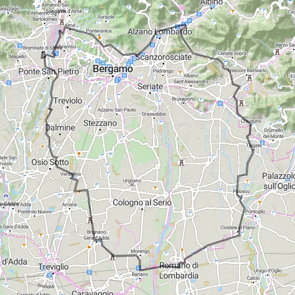 Miniatuurkaart van de fietsinspiratie "Ponte San Pietro en omgeving" in Lombardia, Italy. Gemaakt door de Tarmacs.app fietsrouteplanner