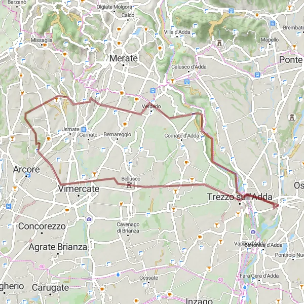 Map miniature of "Gravel adventure from Bellusco to Porto d'Adda" cycling inspiration in Lombardia, Italy. Generated by Tarmacs.app cycling route planner