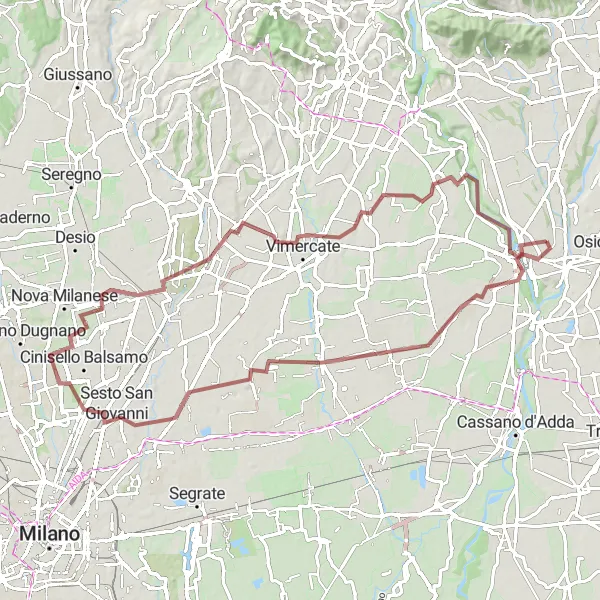Miniaturní mapa "Gravelová trasa Sesto San Giovanni - Muggiò - Collinetta di Vedano - Cornate d'Adda - Capriate San Gervasio" inspirace pro cyklisty v oblasti Lombardia, Italy. Vytvořeno pomocí plánovače tras Tarmacs.app