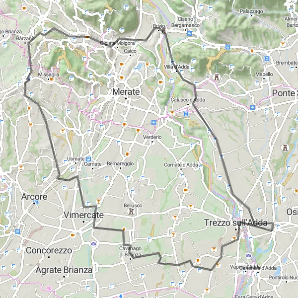 Map miniature of "Climbing challenge in Trezzo sull'Adda and Villa d'Adda" cycling inspiration in Lombardia, Italy. Generated by Tarmacs.app cycling route planner