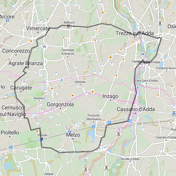 Miniatua del mapa de inspiración ciclista "Ruta en Carretera a Cassano d'Adda" en Lombardia, Italy. Generado por Tarmacs.app planificador de rutas ciclistas