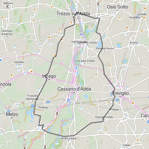 Miniatua del mapa de inspiración ciclista "Ruta por carretera a Pontirolo Nuovo y Trezzo sull'Adda" en Lombardia, Italy. Generado por Tarmacs.app planificador de rutas ciclistas