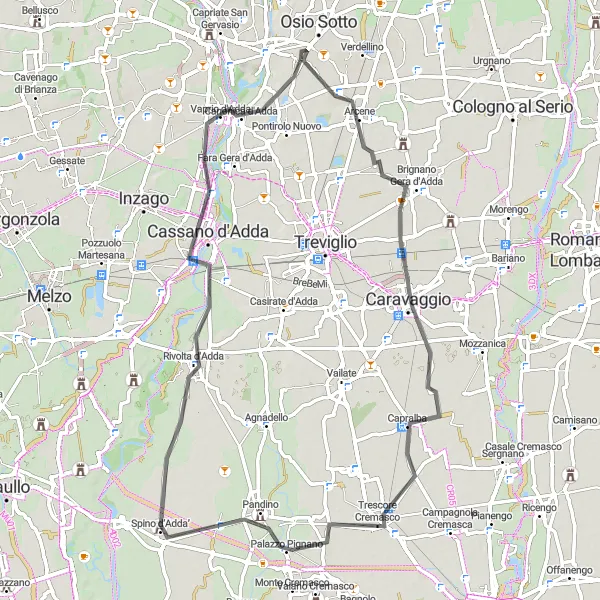 Miniaturní mapa "Okružní trasa Boltiere - Caravaggio - Pandino - Cassano d'Adda" inspirace pro cyklisty v oblasti Lombardia, Italy. Vytvořeno pomocí plánovače tras Tarmacs.app