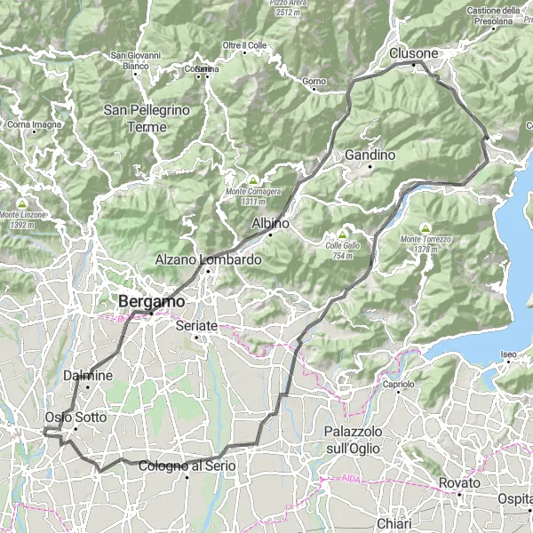 Miniaturní mapa "Náročná okružní trasa Bergamo - Casnigo - Colle Petta - Clusone - Corno Mailino - Borgo di Terzo - Pizzo di Quaglia - Carobbio degli Angeli - Cologno al Serio - Ciserano" inspirace pro cyklisty v oblasti Lombardia, Italy. Vytvořeno pomocí plánovače tras Tarmacs.app