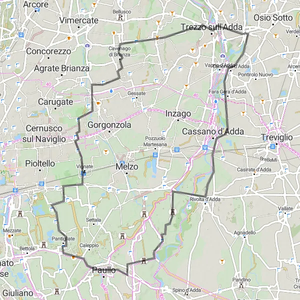 Miniaturní mapa "Road Cassano d'Adda loop" inspirace pro cyklisty v oblasti Lombardia, Italy. Vytvořeno pomocí plánovače tras Tarmacs.app