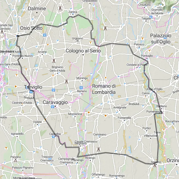 Map miniature of "Scenic ride through Boltiere and Pontirolo Nuovo" cycling inspiration in Lombardia, Italy. Generated by Tarmacs.app cycling route planner