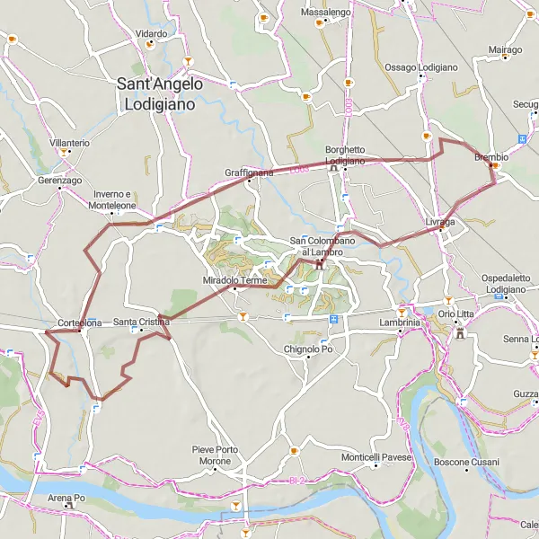 Miniatura della mappa di ispirazione al ciclismo "Giro in bicicletta su sterrato da Brembio a Graffignana attraverso Miradolo Terme" nella regione di Lombardia, Italy. Generata da Tarmacs.app, pianificatore di rotte ciclistiche