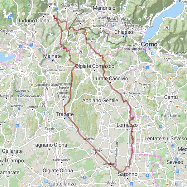 Mapa miniatúra "Gravel cyklotúra Brenno Useria" cyklistická inšpirácia v Lombardia, Italy. Vygenerované cyklistickým plánovačom trás Tarmacs.app