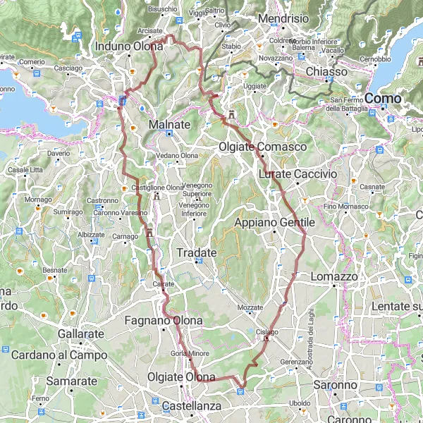 Mapa miniatúra "Gravelová trasa Brenno Useria až Belmonte" cyklistická inšpirácia v Lombardia, Italy. Vygenerované cyklistickým plánovačom trás Tarmacs.app