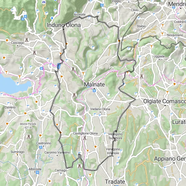 Miniatura della mappa di ispirazione al ciclismo "Giro in bicicletta attraverso i Colli della Lombardia" nella regione di Lombardia, Italy. Generata da Tarmacs.app, pianificatore di rotte ciclistiche