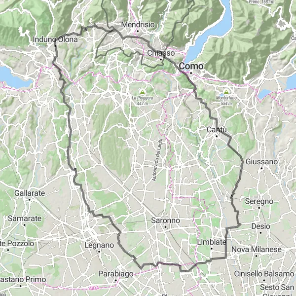 Map miniature of "Mountain Challenge: Monte Crocino to Gorla Minore" cycling inspiration in Lombardia, Italy. Generated by Tarmacs.app cycling route planner